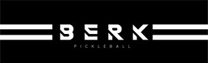 Berk pickleball logo with two horizontal white stripes on each side of it. This logo is on the current Point paddle in black camo. The point is a premium pickleball paddle with a poly honeycomb core and graphite face for increased spin. 