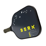 BERK Calafia premium pickleball paddle shown in the black colorway. Logo on the paddle is in yellow. 